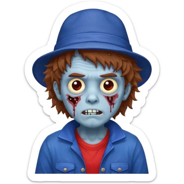 brown fluffy hair zombie with blue and white hat dark blue jilet red t shirt sticker