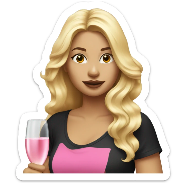 blonde lady with flowing hair drinking pink champagne and black t-shirt no cleavage sticker