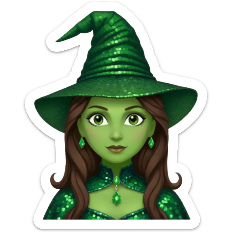 Elphaba from The Wizard of Oz with long brown hair, dark green sequin outfit, green skin sticker