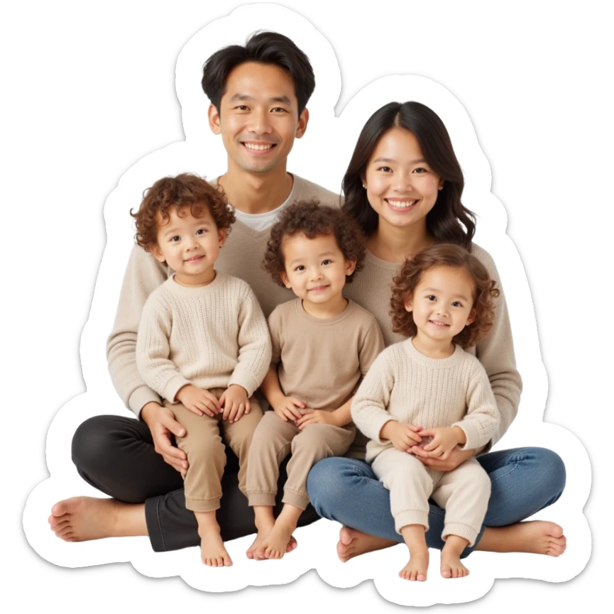 family photo with parents and three children posing closely, detailed lifelike features, soft neutral background, skeuomorphism style sticker
