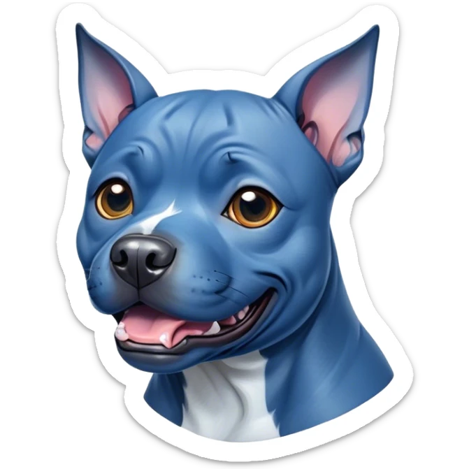 Cinematic Comical Blue Staffordshire Bull Terrier Portrait Emoji, Head tilted dramatically with an exaggeratedly amused expression, featuring a striking blue Fur with a subtle shimmer, wide, expressive dark eyes filled with playful disbelief, Simplified yet hilariously expressive features, highly detailed, glowing with a slightly sassy glow, high shine, dramatic yet playful, stylized with an air of cheeky mischief, bright and endearing, soft glowing outline, capturing the essence of a spirited and over-the-top guardian, so meme-worthy it feels like it could side-eye its way into internet fame instantly! sticker