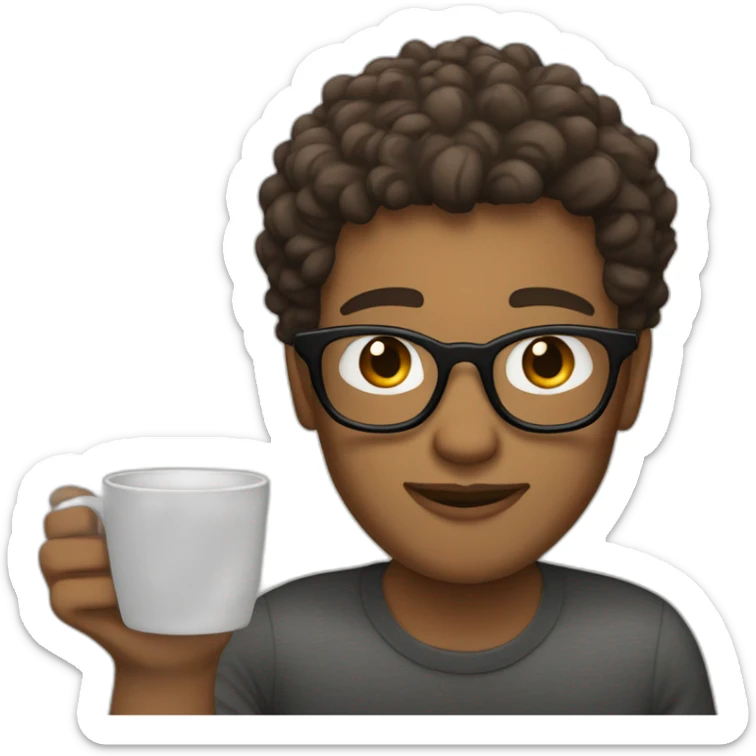 medium skin tone guy with short curly hair wearing glasses drinking a cup of coffee sticker