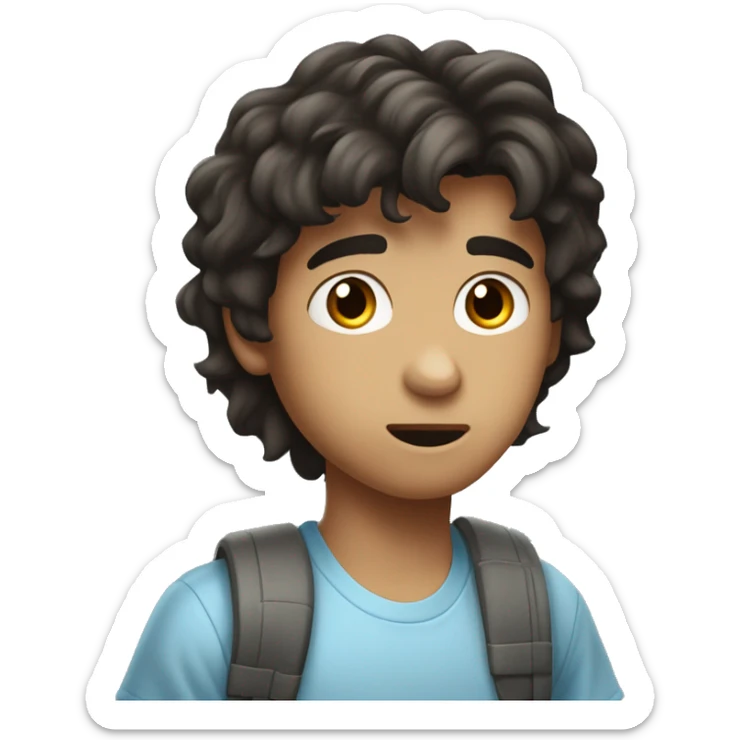 "Young person with medium-length, tousled dark hair, fair skin, and dark, expressive eyes looking slightly to the side. Wearing a light blue, casual T-shirt with a slightly surprised or curious expression." sticker