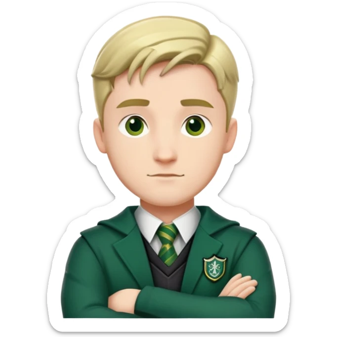 An adult man slightly to the side looking forward with crossed arms wearing the Slytherin uniform sticker