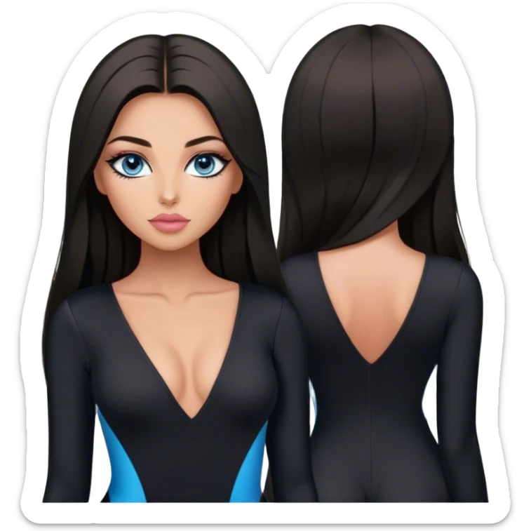 Glamours make-up, tanned, beautiful, girl, with blue eyes, big pump peach-beige-rose lips, eyeliner, long lashes, black straight smooth silky long hair, parting hair in the middle,  in black v-neck bodysuit long sleeves sticker