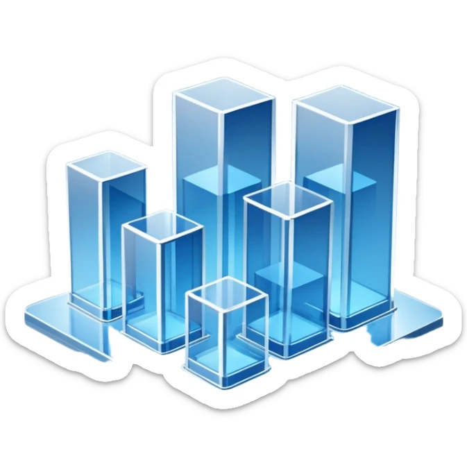 A minimalist 3D illustration of abstract glass buildings in blue tones, made of transparent glass-like materials with soft lighting and subtle reflections, isometric perspective, white background, futuristic architecture concept, volumetric light, clean render, high detail, no text sticker