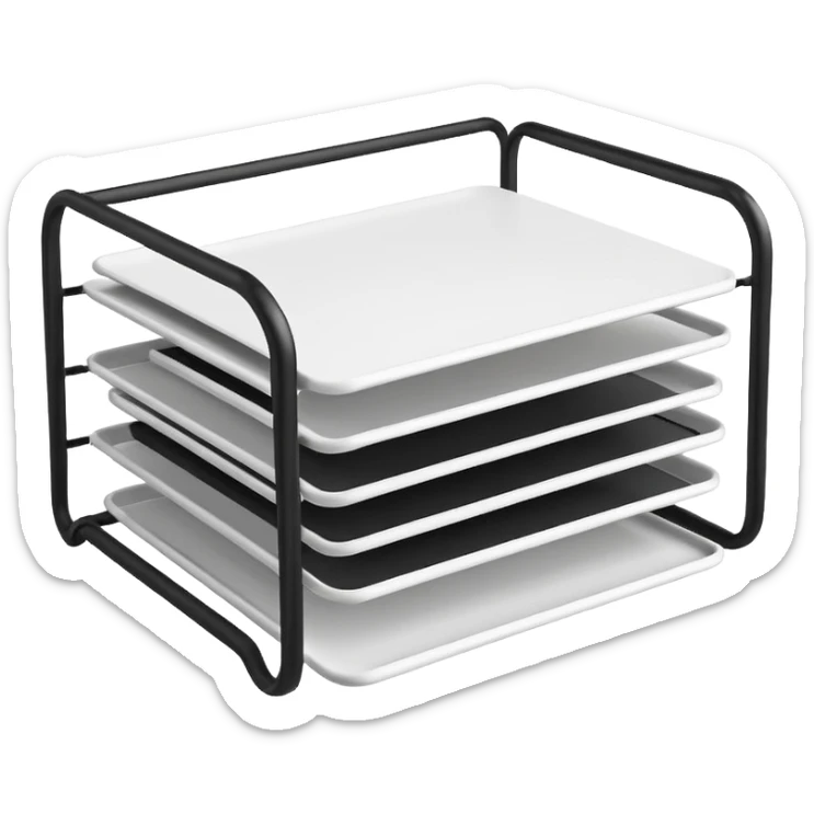 A minimal, clean emoji-style illustration of a white metal desk paper organizer tray, shown in slight isometric view so its structure is readable at a small scale. The organizer is rectangular with rounded corners, made of thin white metal wires, forming two to three stacked horizontal slots. sticker