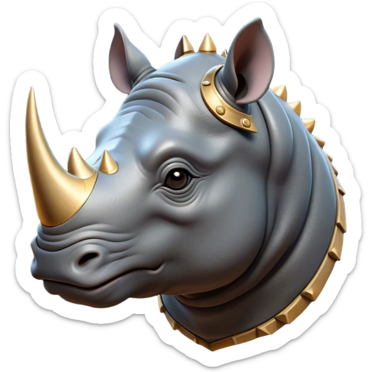 Cinematic Noble Rhinoceros Portrait Emoji, Poised and regal, with a massive, powerful build and a thick, armored hide of slate gray, deep-set soulful piercing eyes, Simplified yet sharp and sophisticated features, highly detailed, glowing with a soft, dignified glow, high shine, intelligent and formidable, stylized with an air of ancient might, focused and attentive, soft glowing outline, capturing the essence of a watchful and commanding behemoth, so majestic it feels as though it could charge out of the screen with effortless authority! sticker