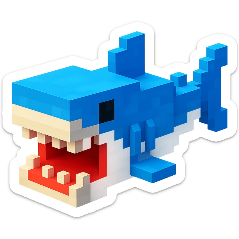 voxel style shark, open mouth, blocky, blue and silver, no background sticker
