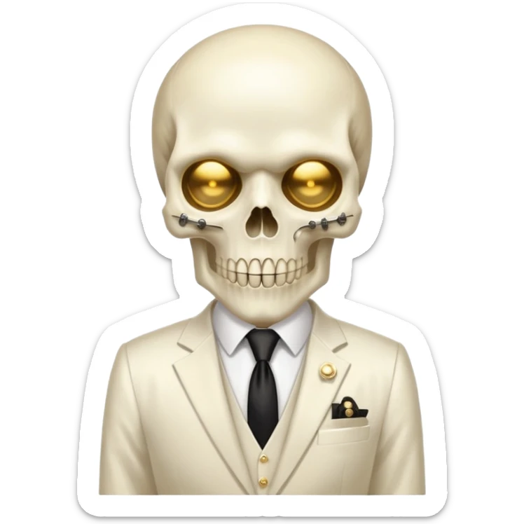 aesthetic shiny glowing divine lighting - Megadeth icon - a politician in an ivory ethereal suit wears a white tie, has a skull instead of a head, and instead of glasses, has a metal plate with screws over his eyes sticker