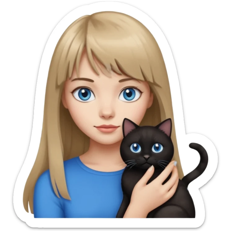 Apple-style emoji sticker of a young woman with long dark blond hair and bang, blue eyes , holding a cat black and white sticker