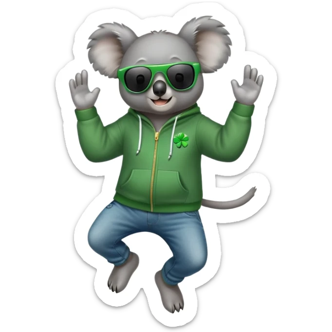 anthropomorphised koala, full body, wearing a hoodie and jeans, dark sunglasses, headphones, dressed for St. Patrick's Day, jumping sticker