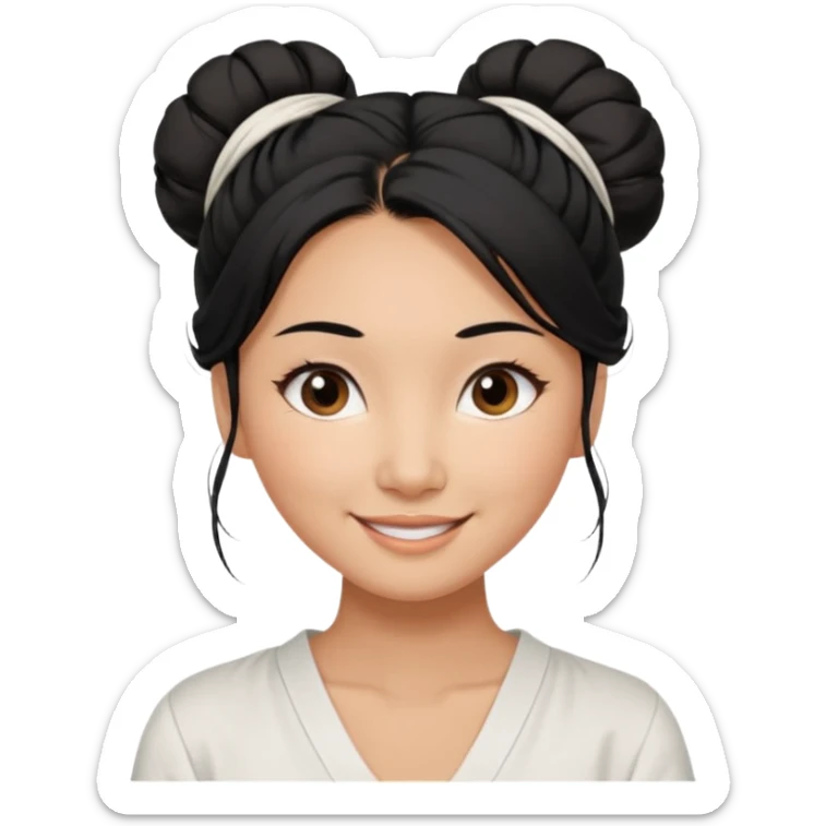 medium tan asian woman with long black hair tied in a high messy bun, round brown eyes, white v neck blouse. shes smiling and friendly. sticker