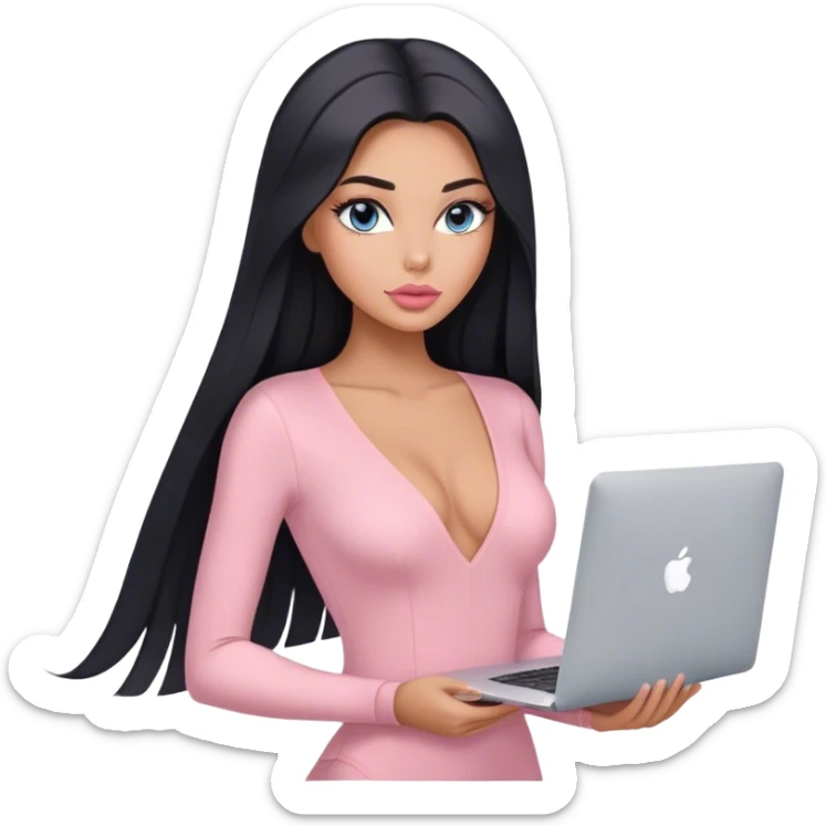 Glamours, tanned, very beautiful girl, with big pump peach-beige-rose lips, long lashes, black straight smooth silky long hair, straight parting hair, blue-grey eyes, in light-pink v-neck bodysuit holding MacBook sticker