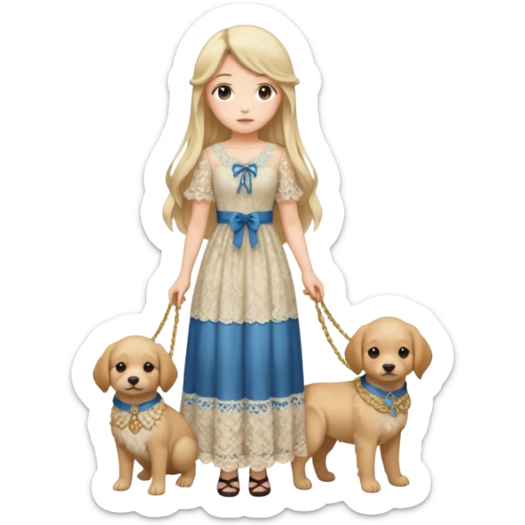 Pastel anime lady long hair with long lace dress full body holding puppy sticker