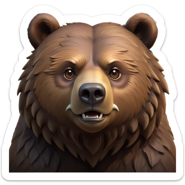 Cinematic Noble Grizzly Bear Portrait Emoji, Poised and regal, with a massive, powerful build and a thick, rugged deep brown fur, piercing deep-set soulful eyes, Simplified yet sharp and sophisticated features, highly detailed, glowing with a soft, dignified glow, high shine, intelligent and formidable, stylized with an air of untamed wilderness, focused and attentive, soft glowing outline, capturing the essence of a watchful and commanding guardian, so majestic it feels as though it could lumber out of the screen with effortless authority! sticker