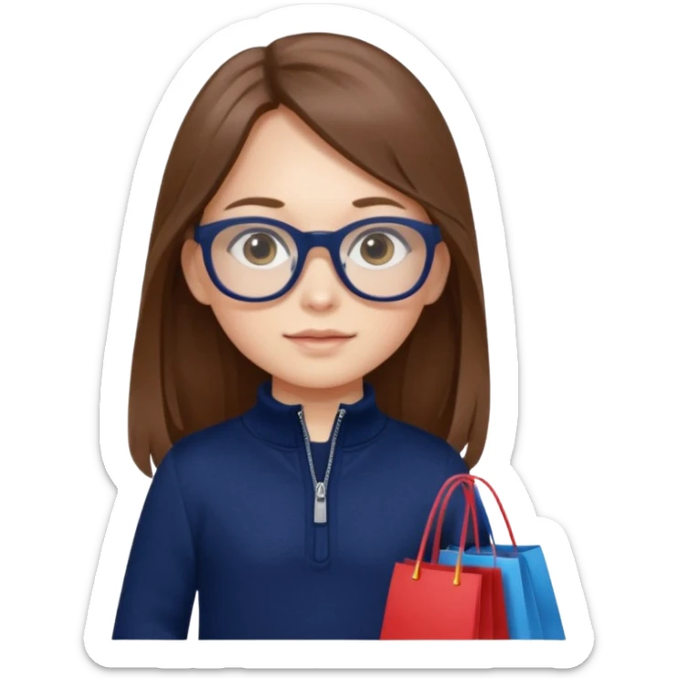 A little girl (he usually calls her baby), who is obsessed with shopping and luxury brands and holds a dozen of bags, she wears navy blue half zip sweater and holds 10 bags and she has long brown hair with Prada eyeglasses  sticker
