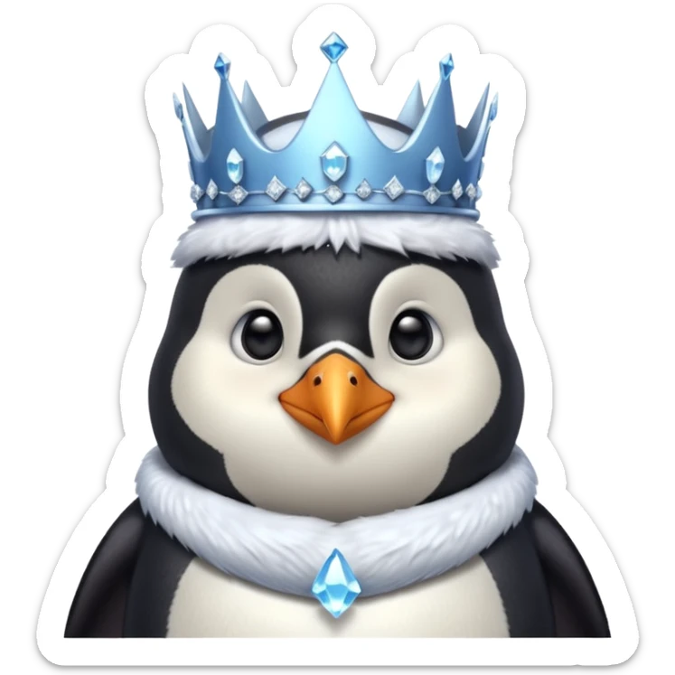 penguin king portrait, head and shoulders only, icy crystal crown, royal fur collar, cute serious expression, winter fantasy vibe, 3D cartoon, mobile game icon style, clean background, no text, no watermark
 sticker