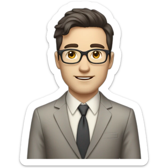 Full height Pale skinned Fit Man With dark brown hair in classic gray suit, beige office shirt, dark gray tie, and vintage glasses. His hands lock sticker