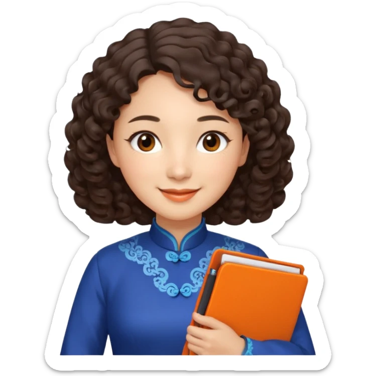 Teacher emoji but : curly/wavy dark brown hair, light skin, no glasses, dark eyes, with a computer folder in the hand (color is orange), being a teacher, wearing a chinese qipao ( dark blue)

 sticker