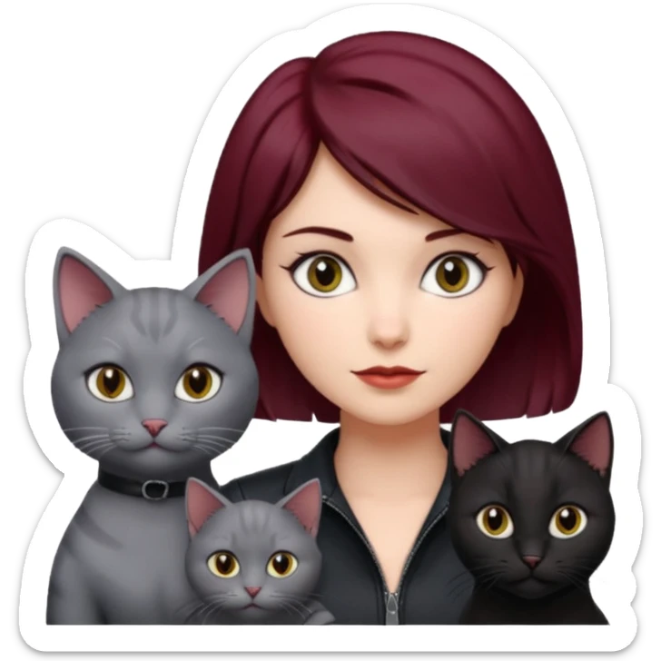 femme  yeux gris, cheveux court bordeaux, cuir noir, avec chat poils longs gris clair et chat poils ras noirs sticker