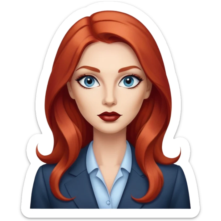 Rousse cheveux long, yeux bleu gris lèvre pulpeuse femme d’affaire make up contouring lèvre marron et sourcils épais  sticker