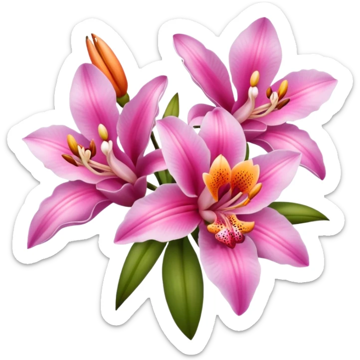 bouquet of pink and orange orchid and oriental lily flowers sticker