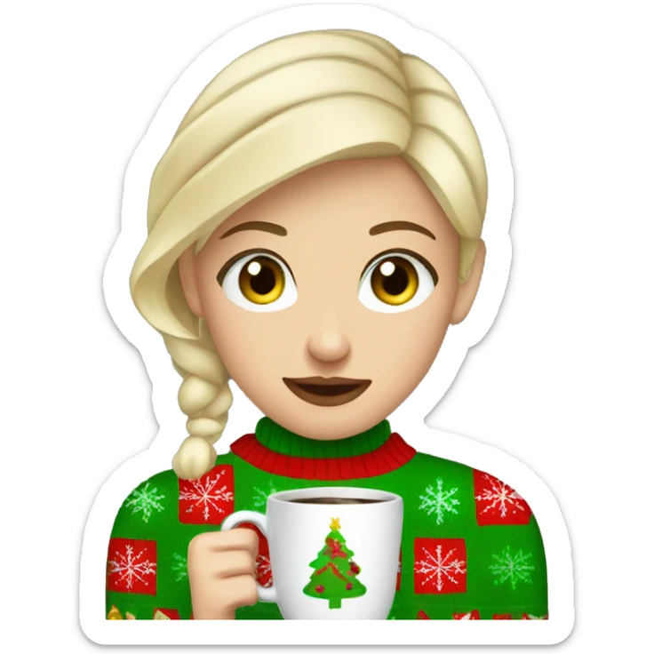 Short haired blonde girl with green eyes drinking coffee wearing Christmas sweater sticker
