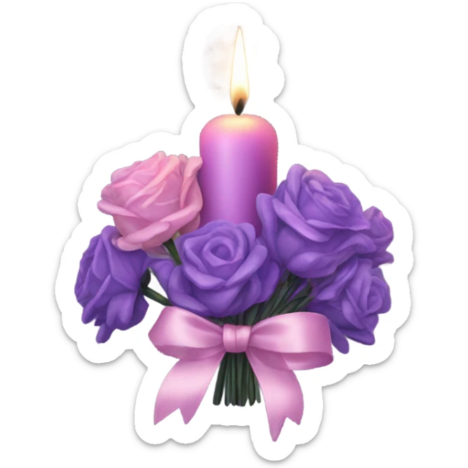 a beautiful aesthetic bouquet of dark purple and light pink lavender tied with a silk purple ribbon and next to it a pink decorative candle  sticker