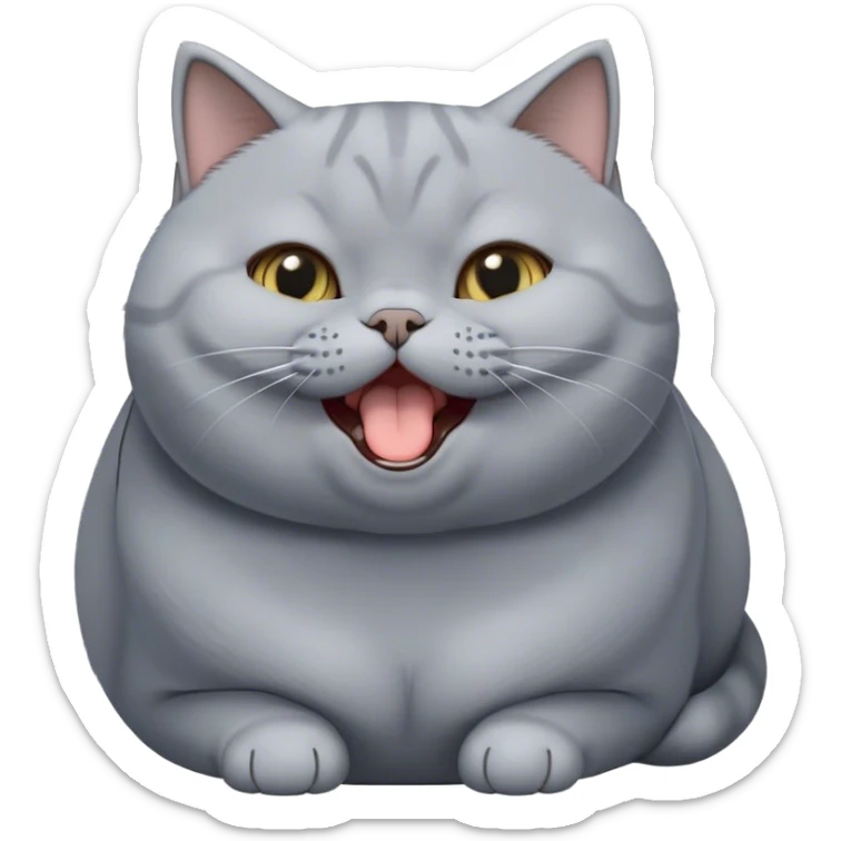 Cinematic Cute Chubby Grey British Shorthair Cat Portrait Emoji, Head tilted playfully and yawning, round and plump body with sleek soft grey fur and subtle blue undertones, Simplified yet adorable features, highly detailed, glowing with a warm, friendly glow, high shine, curious yet calm, stylized with a touch of whimsy, bright and endearing, soft glowing outline, capturing the essence of a mischievous yet loving and lazy kitty, so cute it feels like it could stretch out of the screen and cuddle! sticker