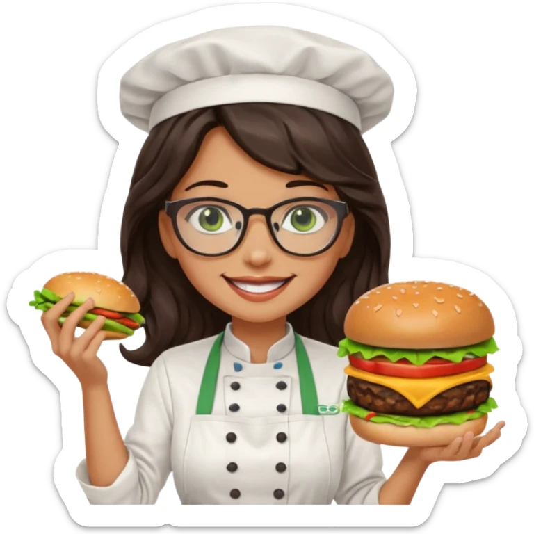 A female chef with glasses, dark brown long wavy hair, Green eyes and cooking a burger sticker