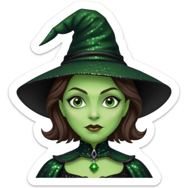 The Wicked Witch from Oz with green skin, brown hair, black sequin outfit sticker