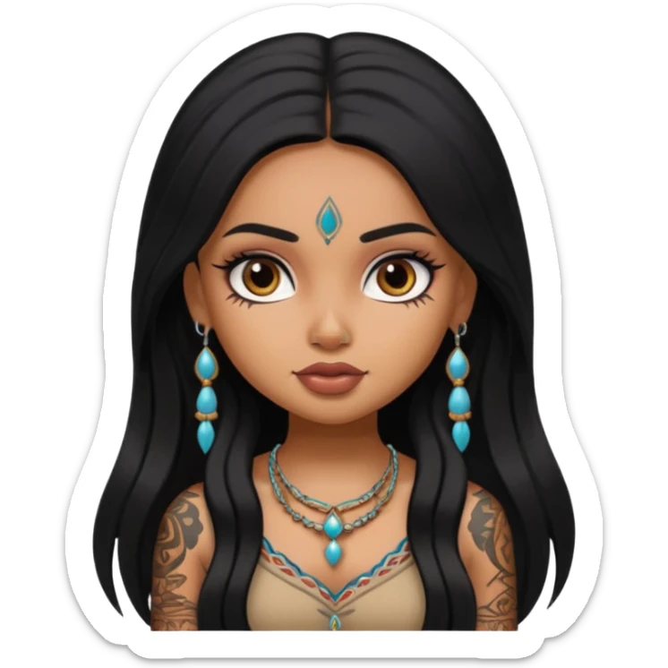 an ios genmoji for a pretty bratz indian girl with black long hair  tattooed, beautiful girl sticker