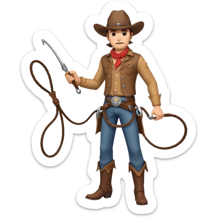 cowboy man holding a whip, dynamic pose, western outfit, adventure vibe, 3D cartoon, mobile game icon style, clean background, no text, no watermark
 sticker