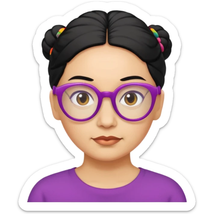 light skin middle aged with low bun in black hair with colorful glasses sticker
