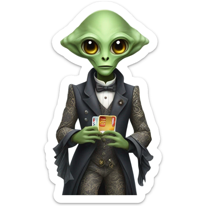 alien galora in Victorian dress elegant, full body, holding big credit card sticker