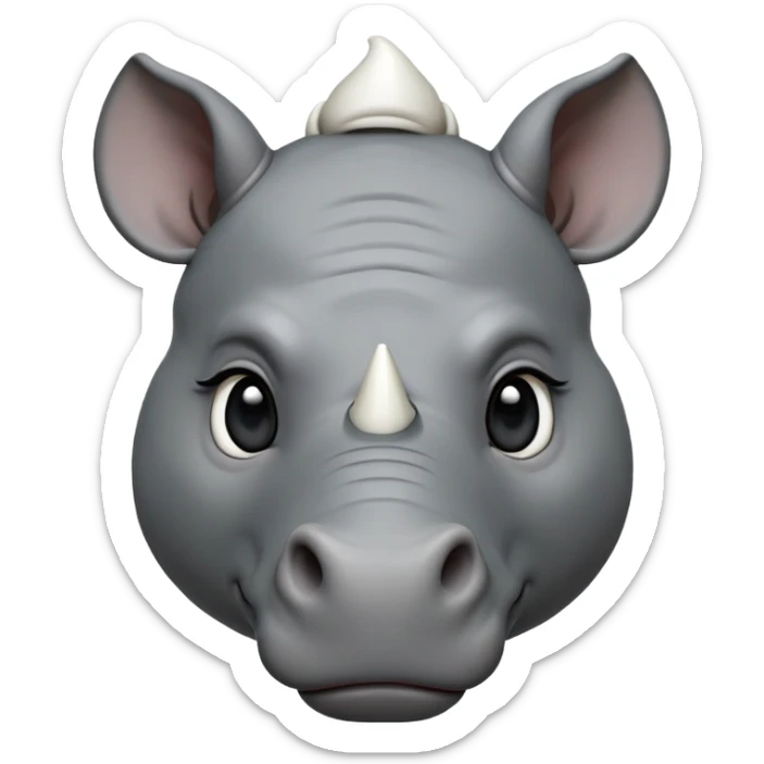 cinematic-noble-cute-young rhinoceros-portrait-emoji,slate-grey-hide-poised-and-regal,-with-a-massive,-powerful-build-and-a-thick,--deep-set-soulful-piercing-eyes,-simplified-yet-sharp-and-sophisticated-features,-highly-detailed,-large-black-eyes, white horn, front facing, zoomed out showing shoulders sticker