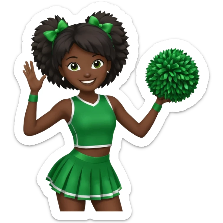 football cheerleader, holding a cheering pom, green dress and black skin sticker