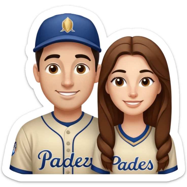 *White* couple smiling. Woman has big cheeks and a lot of freckles on the nose. long brown hair. Man has black and very short hair and prominent eyebrows with egipcian nose. Both are wearing “Los Padres” baseball jearsey sticker