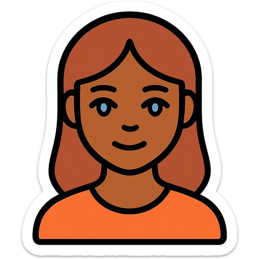 woman with blue-grey eyes, brown hair, brown skin, color outline icon style, black outlines, soft color fills, friendly and approachable look sticker
