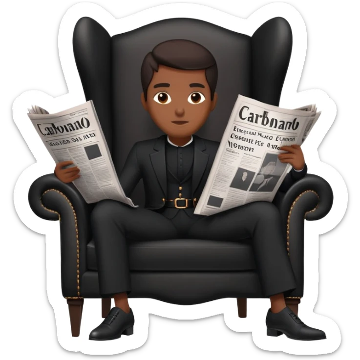  A black person sitting on an elegant chair, dressed in black, holding a large newspaper open in front of their face. The newspaper has the title “Carbonado” in bold letters The background is minimaliste  sticker
