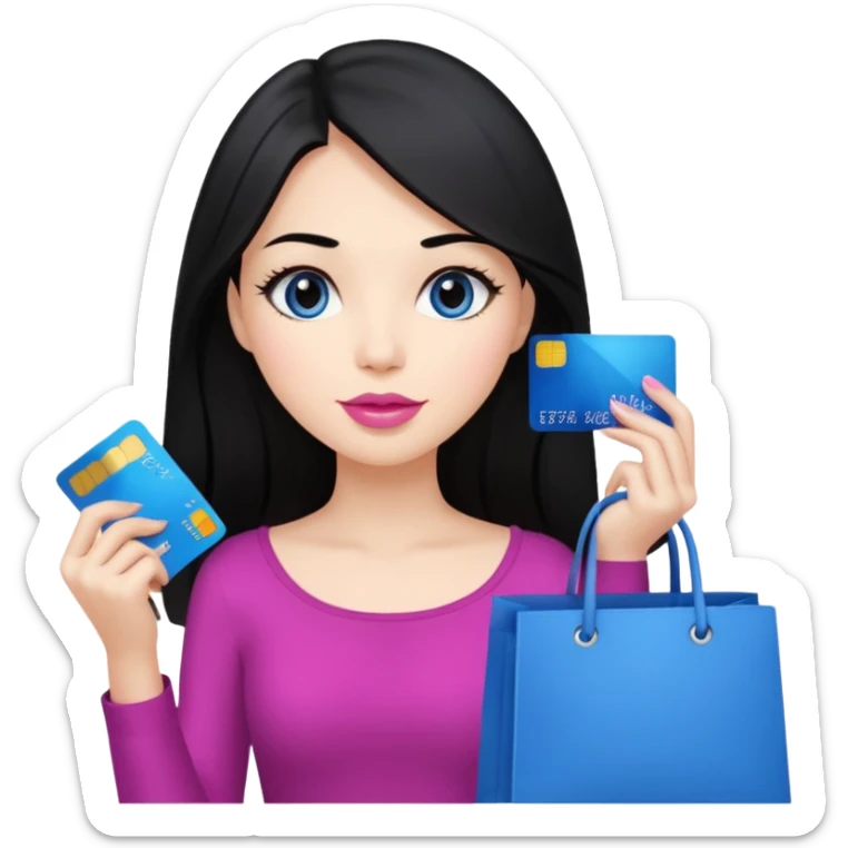 Girl with long black hair, pink lipstick, brown eyes holding shopping bags and blue credit card sticker