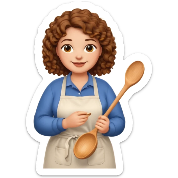 Create a friendly, smiling emoji avatar of a plus size woman with curly hair, warm skin tone, wearing casual kitchen clothes, holding a wooden spoon or standing in a cozy kitchen setting. The style should be cute and simple, suitable for a healthy cooking Instagram page.” sticker
