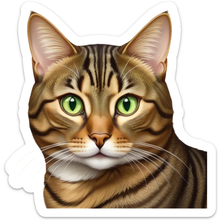 Cinematic Noble Brown Tabby Cat Portrait Emoji, Poised and regal, with sleek, well-groomed fur in warm brown tones accented by bold dark tabby stripes, striking almond-shaped golden-green eyes, Simplified yet sharp and sophisticated features, highly detailed, glowing with a soft, dignified glow, high shine, intelligent and graceful, stylized with an air of elegance, focused and attentive, soft glowing outline, capturing the essence of a watchful and refined feline, so majestic it feels as though it could glide across the screen with effortless confidence! sticker