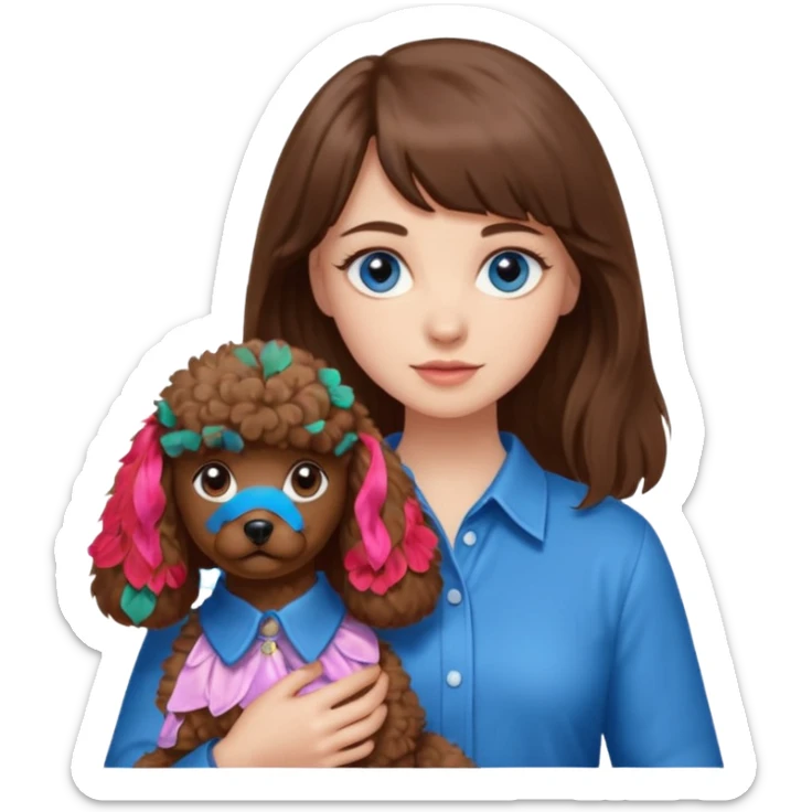 Kobieta z długimi brązowymi włosami, ma grzywkę i niebieskie oczy. Ubrana jest w koszulę. Trzyma na rękach brązowego pudelka. sticker