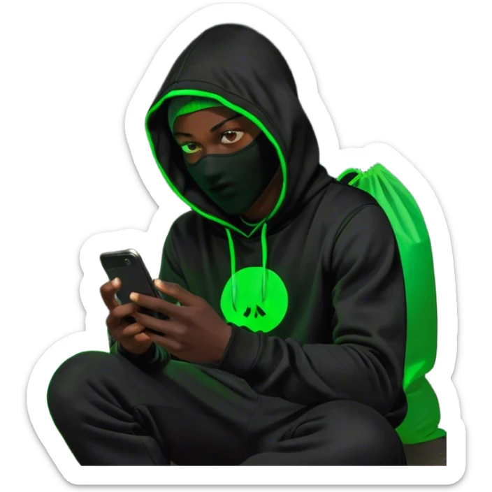 A young man in a black hoodie and balaclava sits at night, engrossed in his smartphone. Behind him, a full moon casts a soft glow, while neon green “HAVEN” blazes against the dark setting. Green and light orange plastic bags surround him. The neon light highlights his face and hands, creating a moody, futuristic atmosphere of mystery and contemplation. sticker