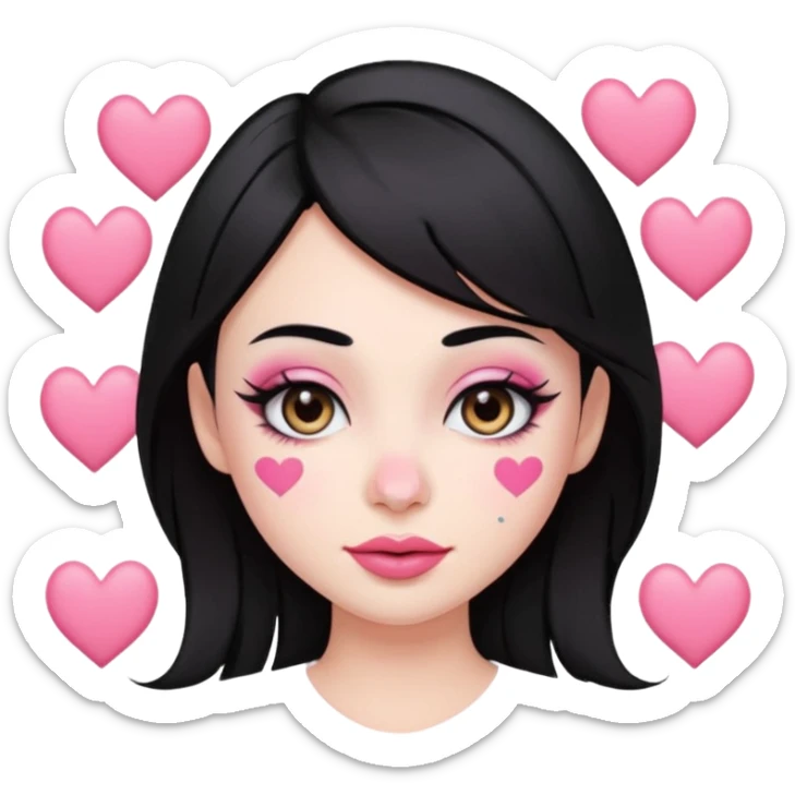 “Emoji girl, pastel pink streaks in black hair hair, bold winged eyeliner, heavy blush on cheeks and nose bridge, under-eye hearts, glossy pink lips, playful smirk.” sticker