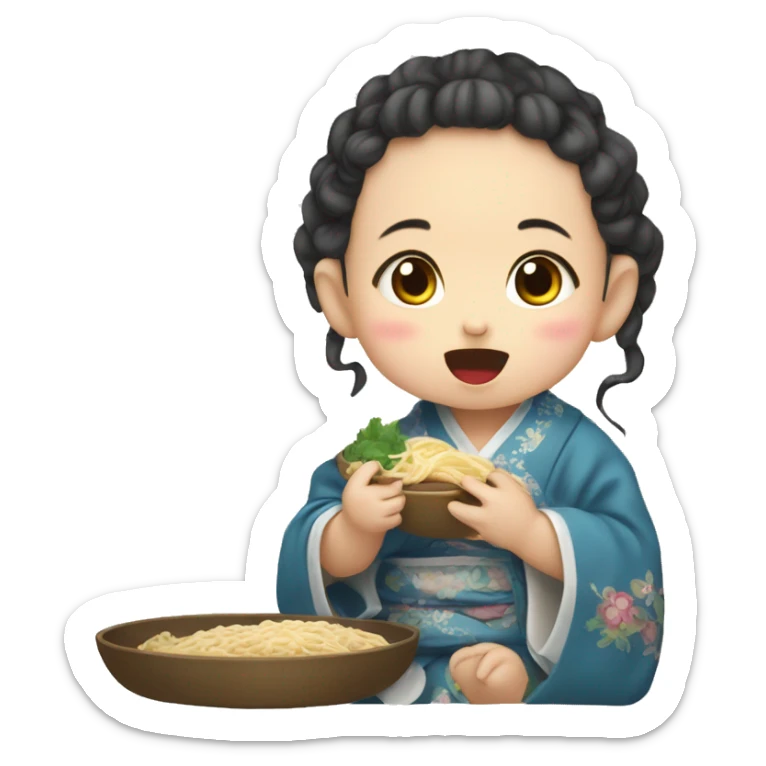 The baby girl eating nodle and with traditional chiese clothes sticker