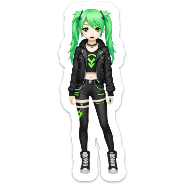 hime gyaru girl, neon green hair, dark makeup, punk clothes standing full body sticker
