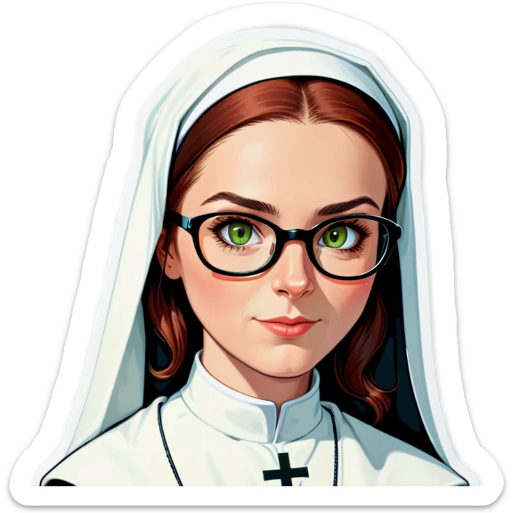 A beautiful nun with Auburn hair, green eyes wearing  glasses . Captions saying no. sticker